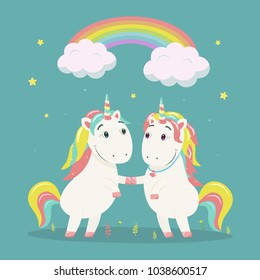 Cute magical unicorns in love under the rainbow. Vector illustration.