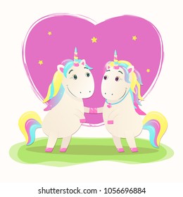 Cute magical unicorns in love. Vector illustration.