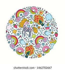 Cute magical unicorns. Magic card.  Can be used in textile industry, paper, background, scrapbooking.