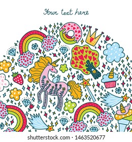 Cute magical unicorns. Magic card.  Can be used in textile industry, paper, background, scrapbooking.