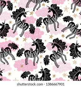 Cute magical unicorns. Magic seamless pattern.  Can be used in textile industry, paper, background, scrapbooking.