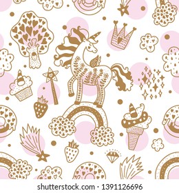 Cute magical unicorns. Magic seamless pattern.  Can be used in textile industry, paper, background, scrapbooking.