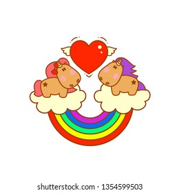 Cute magical unicorns on clouds with rainbow fall in love. Beautiful cartoon character for your design. 