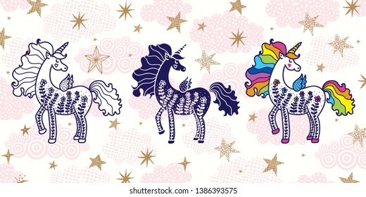 Cute magical unicorns.   Vector card design . Romantic hand drawing illustration for children.