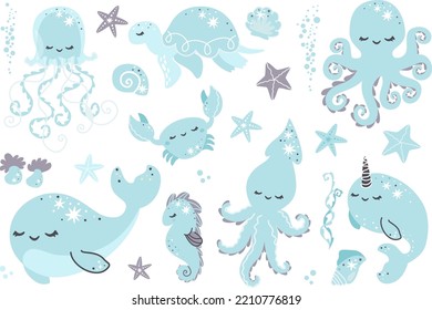 Cute and magical vector set of sea animals. Jellyfish whale narwhal turtle seahorse starfish snails crab squid 