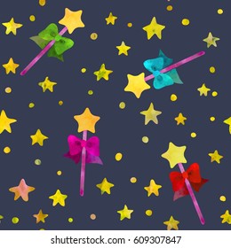Cute magical wands and stars. Seamless pattern. 