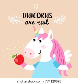 Cute magical white unicorn with magic wand and inscription - unicorns are real
