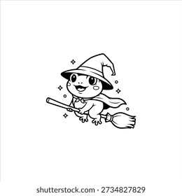 Linda rana bruja mágica que vuela en la Ilustración vectorial de escoba.