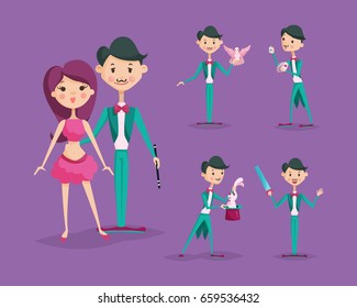 Cute magician character tricks vector illustration magic show cartoon man wizard circus