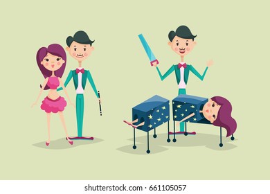 Cute magician character tricks vector illustration magic show cartoon man wizard circus