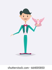 Cute magician character tricks vector illustration magic show cartoon man wizard circus