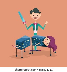 Cute magician character tricks vector illustration magic show cartoon man wizard circus