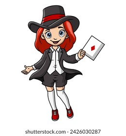 Cute magician girl cartoon playing a cards