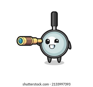 el personaje de la lupa linda está sosteniendo un telescopio antiguo, diseño de estilo lindo para camisetas, pegatinas, elemento logotipo