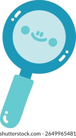 Cute magnifying glass character with smiling face, featuring round lens and blue handle. This playful design adds whimsical touch to concept of exploration and discovery