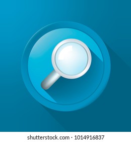 Cute Magnifying Glass Icon on Color Button on Color Background . Isolated Vector Illustration 