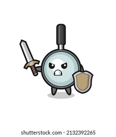 cute magnifying glass soldier fighting with sword and shield , cute style design for t shirt, sticker, logo element