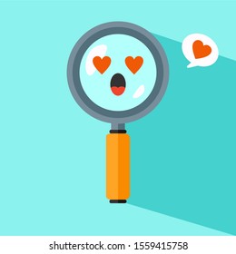 Cute Magnifying Glass Vector Icon Illustration. Searching Items with Smile Face In Magnifying Glass White Isolated. Flat Cartoon Style Suitable for Web Landing Page, Banner, Flyer, Background