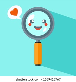 Cute Magnifying Glass Vector Icon Illustration. Searching Items with Smile Face In Magnifying Glass White Isolated. Flat Cartoon Style Suitable for Web Landing Page, Banner, Flyer, Background