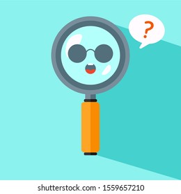 Cute Magnifying Glass Vector Icon Illustration. Searching Items with Smile Face In Magnifying Glass White Isolated. Flat Cartoon Style Suitable for Web Landing Page, Banner, Flyer, Background