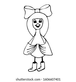 Cute magpie with a bow on his head drawn in doodle style. Bird element. Print for coloring, t-shirt, cup, baby clothes. Black cute cartoon. Vector illustration on white isolated background.