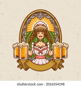cute maid bring glasses of beer badge illustration