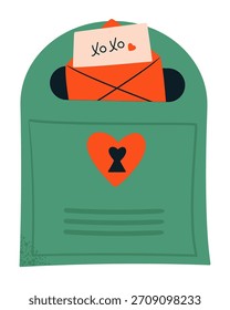 Lindo buzón de correo con sobre y carta para el día de San Valentín.  Ilustración vectorial plana.