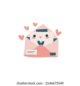 Cute sobre de correo con carta postal kawaii dentro. Ilustración vectorial aislada a mano.