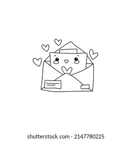 Cute mail letter character in open envelope with hearts in kawaii style. Line vector illustration.