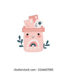 Cute mailbox character with envelopes inside. Hand drawn vector illustration kawaii style. 