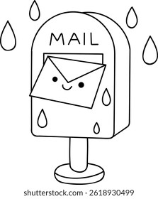 A Cute mailbox with smiling letter, surrounded by raindrops, evokes cheerful rainy day