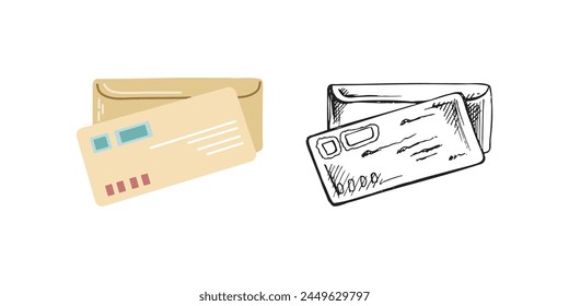 Cute mailing letter, envelope for sending with postmark isolated on white background. Flat and outline sketch of correspondence, physical post and communication.