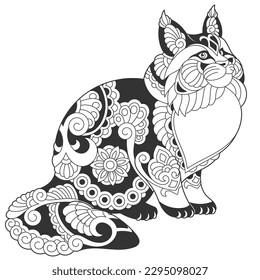 Cute maine coon cat design. Animal coloring page with mandala and zentangle ornaments