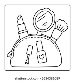 Cute Makeup Bag with Lipstick, Mirror, and Brush – Black and White Coloring Page for Kids