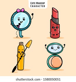 Cute Makeup character, vectors include Mirror, Red Lipstick, makeup Powder, and Eyebrow mascara Illustration