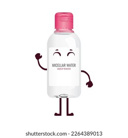 Cute makeup remover bottle character. Vector illustration in trendy flat 3d design style. Micellar water packaging with pink cap. Editable graphic resources for many purposes.