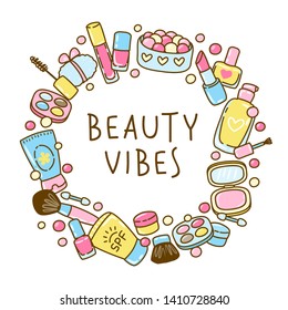 Cute makeup round frame with cosmetics elements isolated on white background