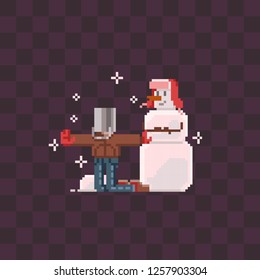 Cute making snowman. Pixel art style