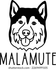 Cute malamute face. Dog head icon. Hand drawn isolated vector illustration in doodle style on white background