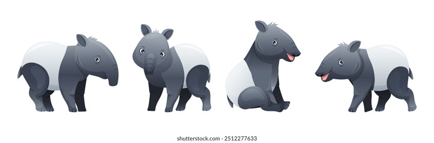 Cute Malayan Tapir as Asian Animal with White Patch and Short Nose Trunk in Different Pose Vector Set