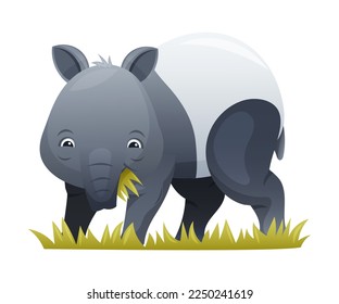 Cute Malayan Tapir Chewing Grass as Asian Animal with White Patch and Short Nose Trunk Vector Illustration