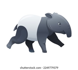 Cute Malayan Tapir Running as Asian Animal with White Patch and Short Nose Trunk Vector Illustration