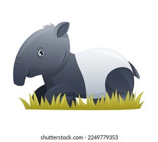 Cute Malayan Tapir Sitting in Grass as Asian Animal with White Patch and Short Nose Trunk Vector Illustration