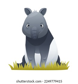 Cute Malayan Tapir Sitting in Grass as Asian Animal with White Patch and Short Nose Trunk Vector Illustration