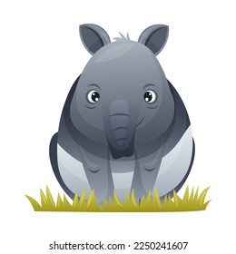 Cute Malayan Tapir Sitting in Grass as Asian Animal with White Patch and Short Nose Trunk Vector Illustration