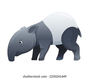 Cute Malayan Tapir Standing as Asian Animal with White Patch and Short Nose Trunk Vector Illustration