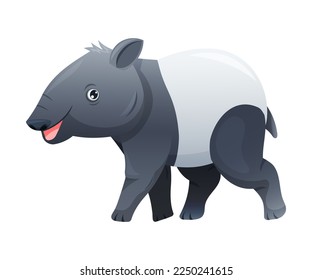 Cute Malayan Tapir Walking as Asian Animal with White Patch and Short Nose Trunk Vector Illustration