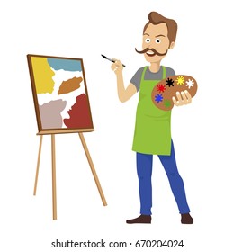 Cute male artist with big mustache holding color palette painting on canvas standing