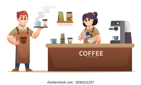 Cute male barista carrying coffee and the female barista making coffee at coffee shop illustration