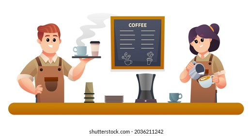 Cute male barista carrying coffee and the female barista making coffee illustration